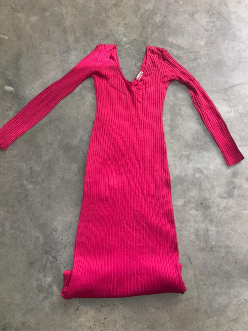 Women's Knitted Long Sleeve V-Neck Dress - Hot Pink